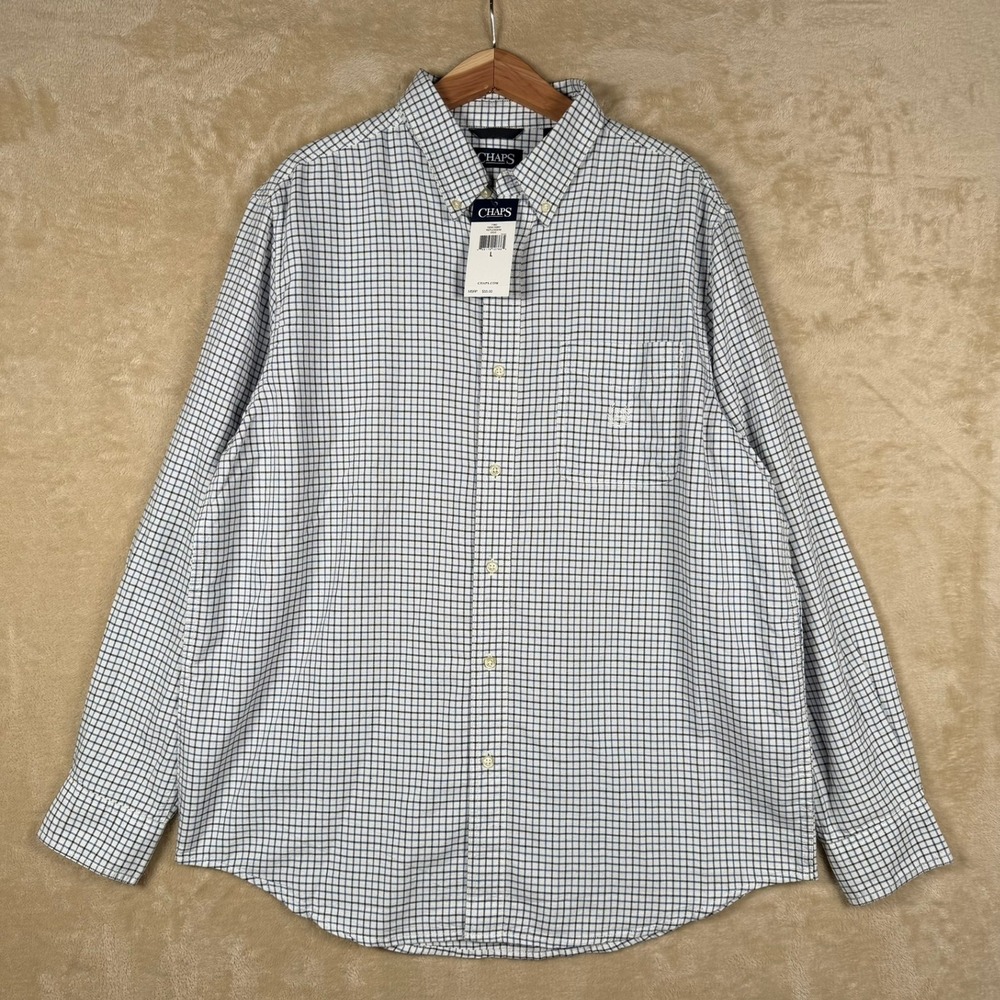 Chaps Men's NWT L Classic Fit Button Down Long Sleeve Plaid Shirt White Blue
